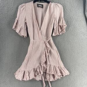 Reformation Dress Womens Small Pink Gingham Linen Wrap Ruffle Mini USA